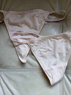 TWO (2) PINK  Victoria's Secret Cotton V-String Panty TAN Color NEW with TAGS